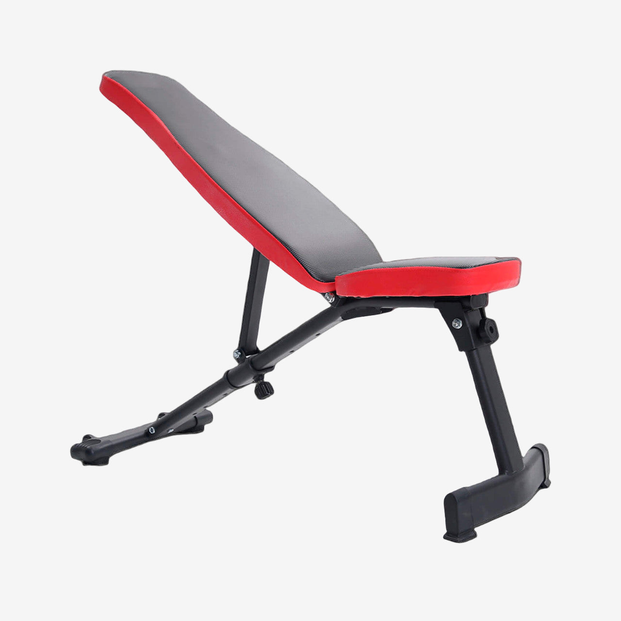 Gray and red adjustable weight bench on a white background